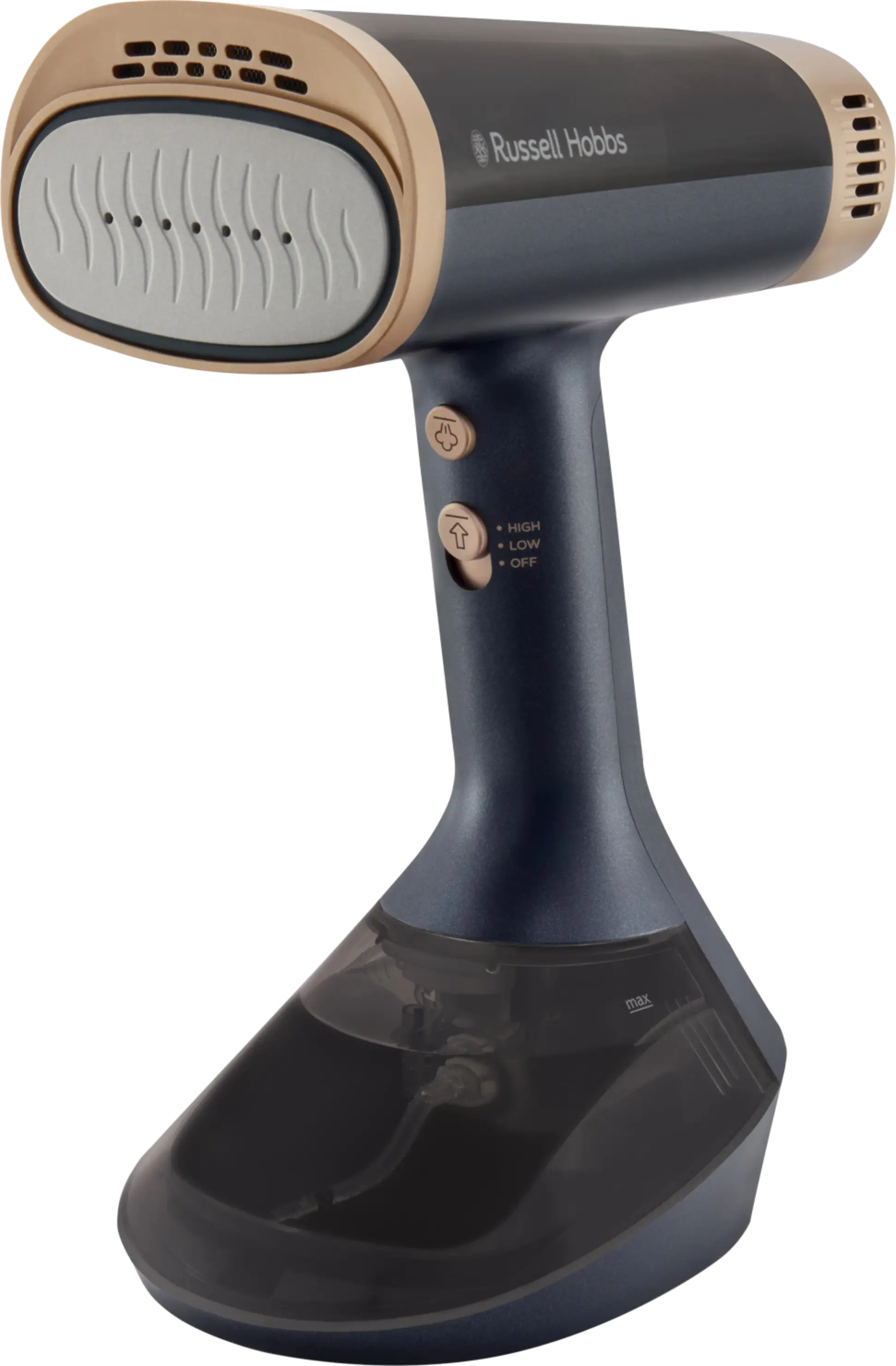 Parownica do ubrań w kolorze granatowym z elementami złotymi, z widocznym logo \'Russell Hobbs\'. Na uchwycie znajdują się przyciski z oznaczeniami: HIGH, LOW, OFF.