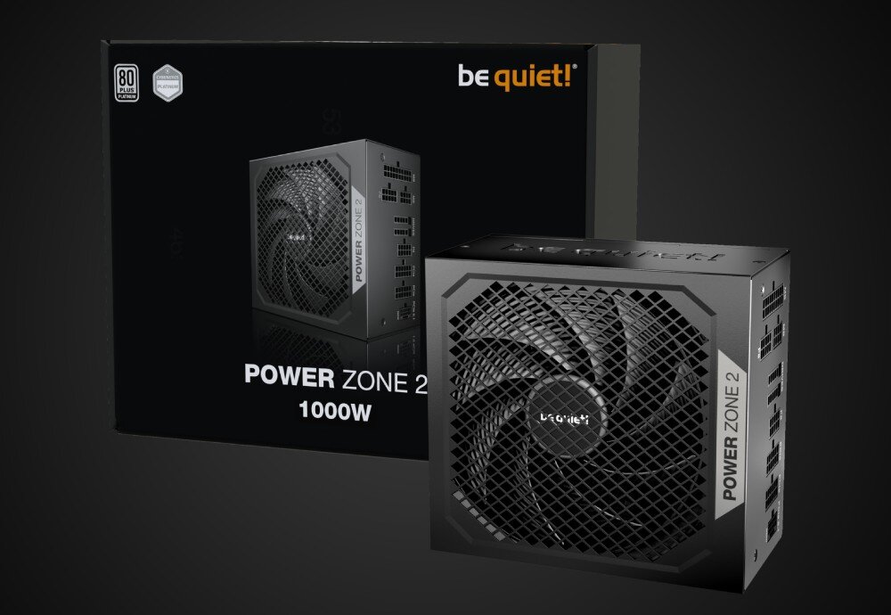 Na obrazie widoczny jest zasilacz BE QUIET! Power Zone 2 1000W oraz jego opakowanie. Na opakowaniu znajduje się logo \'be quiet!\' oraz oznaczenie \'80 Plus Platinum\'.
