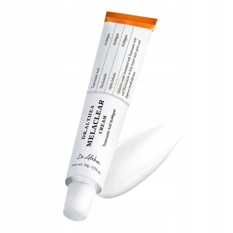 Na obrazie widoczna jest tubka kremu Dr.Althea Melaclear Cream o pojemności 20 g z białą etykietą i pomarańczową zakrętką. Na etykiecie znajdują się napisy: \'DR.ALTHEA MELACLEAR CREAM\', \'Tranexamic Acid 30,000ppm\', \'Niacinamide 30,000ppm\', \'Alpha-Arbutin 20,000ppm\'.