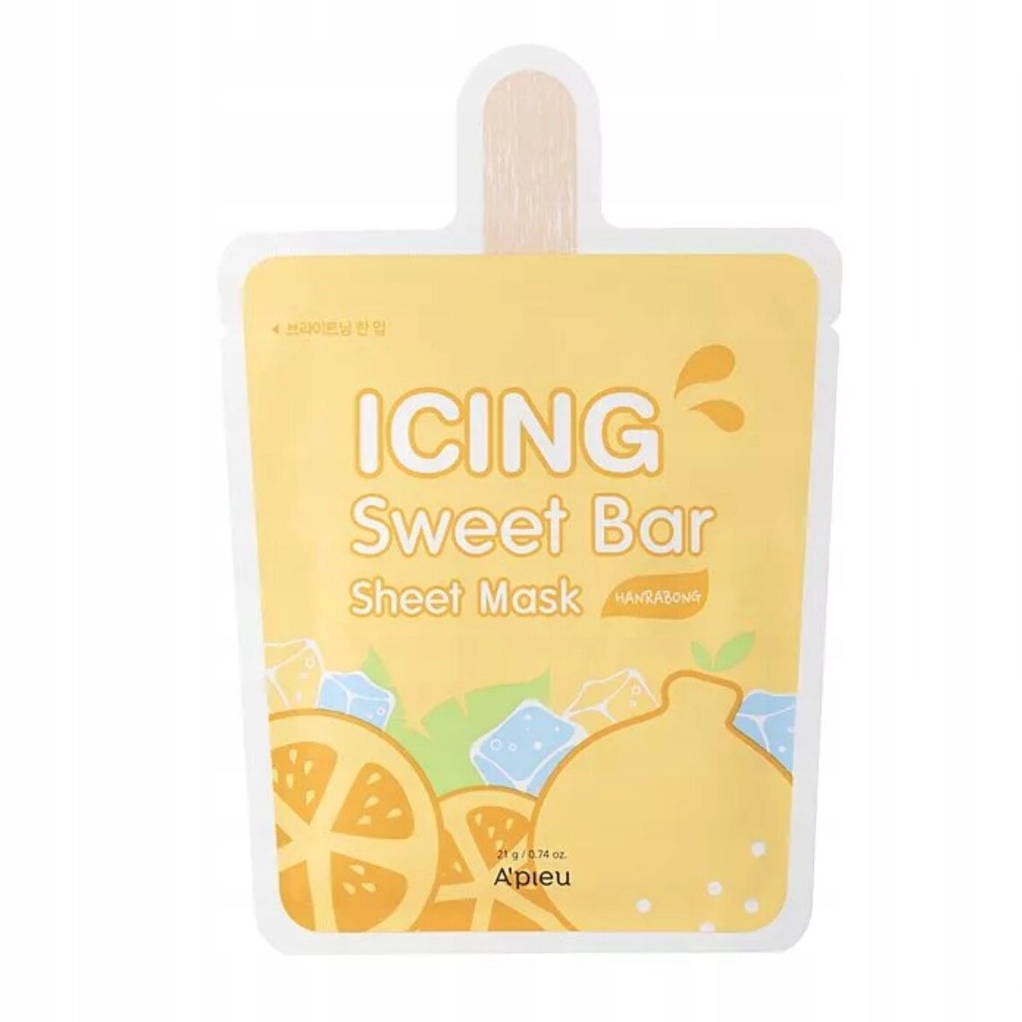 Opakowanie maseczki w płachcie o nazwie \'ICING Sweet Bar Sheet Mask\' z grafiką owoców i kostek lodu. Na dole widnieje logo \'A\'PIEU\'.