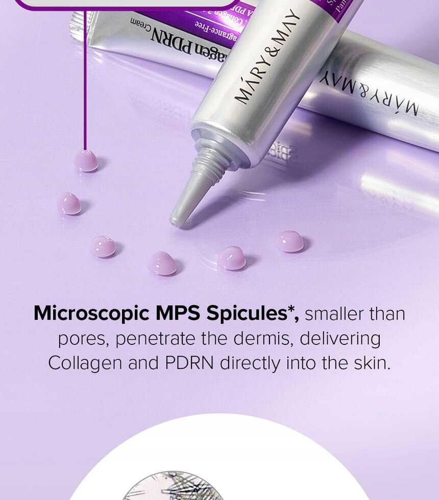Na obrazie widoczna jest tubka kremu z napisem \'MARY & MAY\', z której wyciśnięto kilka fioletowych kropli. Tekst na obrazie: \'Microscopic MPS Spicules*, smaller than pores, penetrate the dermis, delivering Collagen and PDRN directly into the skin.\'