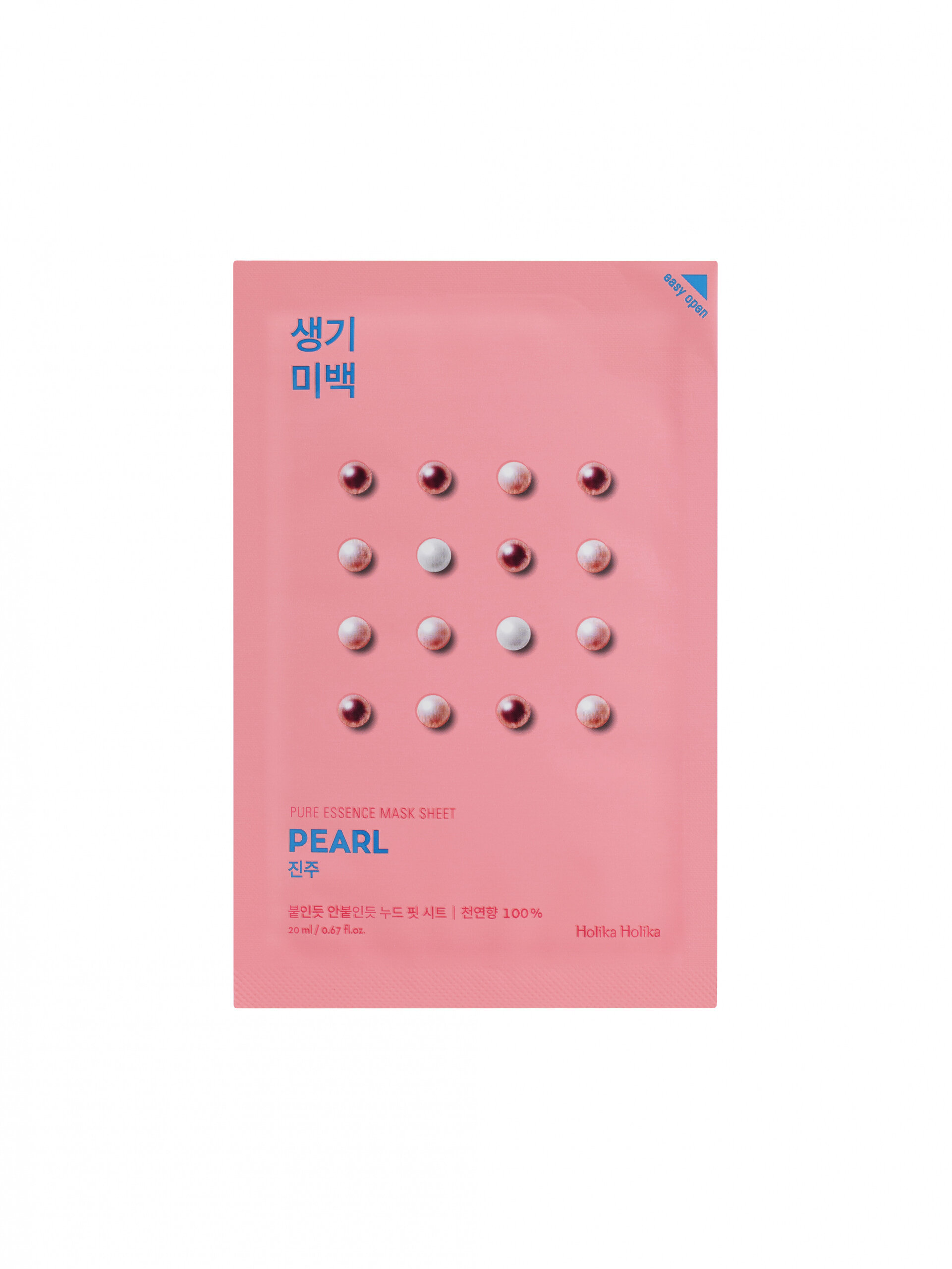 Opakowanie maseczki w płachcie w kolorze różowym z grafiką przedstawiającą perły. Widoczny tekst: \'PURE ESSENCE MASK SHEET PEARL 20 ml / 0.67 fl.oz.\' oraz \'Holika Holika\'.