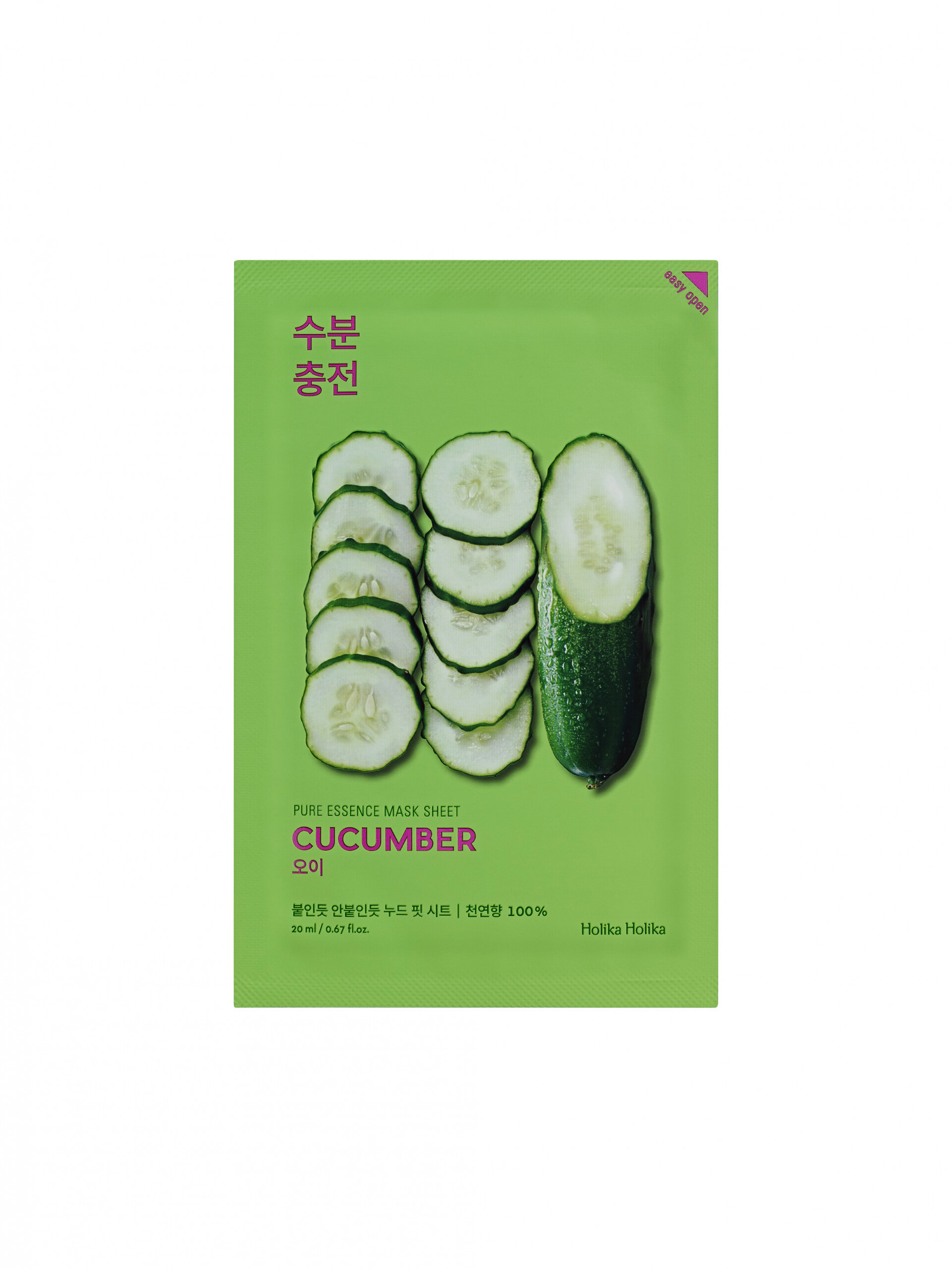 Opakowanie maseczki w płachcie z ogórkiem, na zielonym tle widoczne są plasterki ogórka oraz napis \'PURE ESSENCE MASK SHEET CUCUMBER\'. Logo \'Holika Holika\' znajduje się w dolnym rogu.