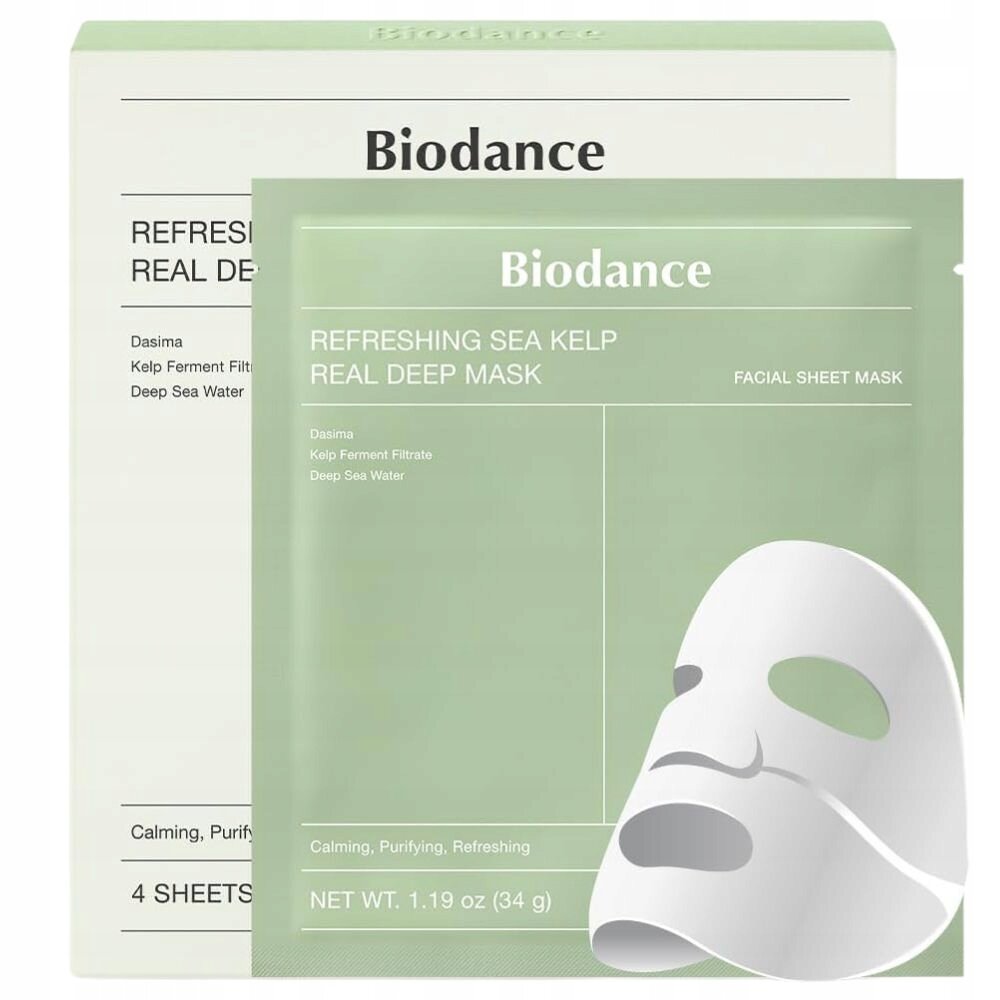 Opakowanie maseczki hydrożelowej Biodance z napisem \'REFRESHING SEA KELP REAL DEEP MASK\'. Widoczna jest także ilustracja maseczki na twarz oraz informacje o składnikach: Dasima, Kelp Ferment Filtrate, Deep Sea Water.