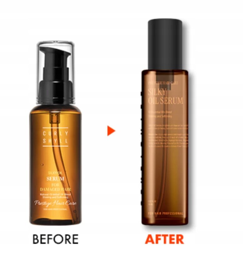 Obraz przedstawia dwa brązowe opakowania kosmetyków z napisami \'CURLYSHYLL\' i \'SILKY OIL SERUM\'. Pod każdym z nich znajdują się napisy \'BEFORE\' i \'AFTER\'.