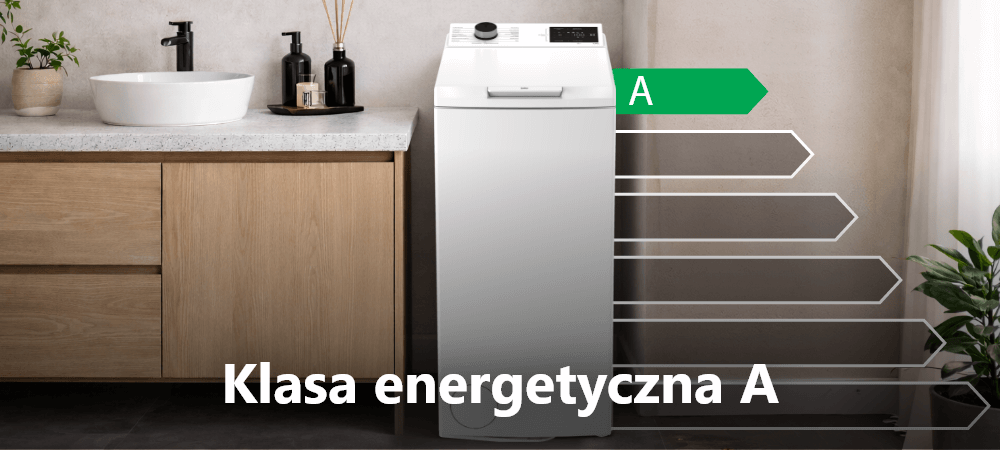 PRALKA BEKO TB721EBESPL Pralka Beko pokazana jest w aranżacji łazienki z dużym napisem „Klasa energetyczna B”. Strzałki graficzne wskazują poziom efektywności energetycznej oszczędność  energii efektywność niskie  zużycie