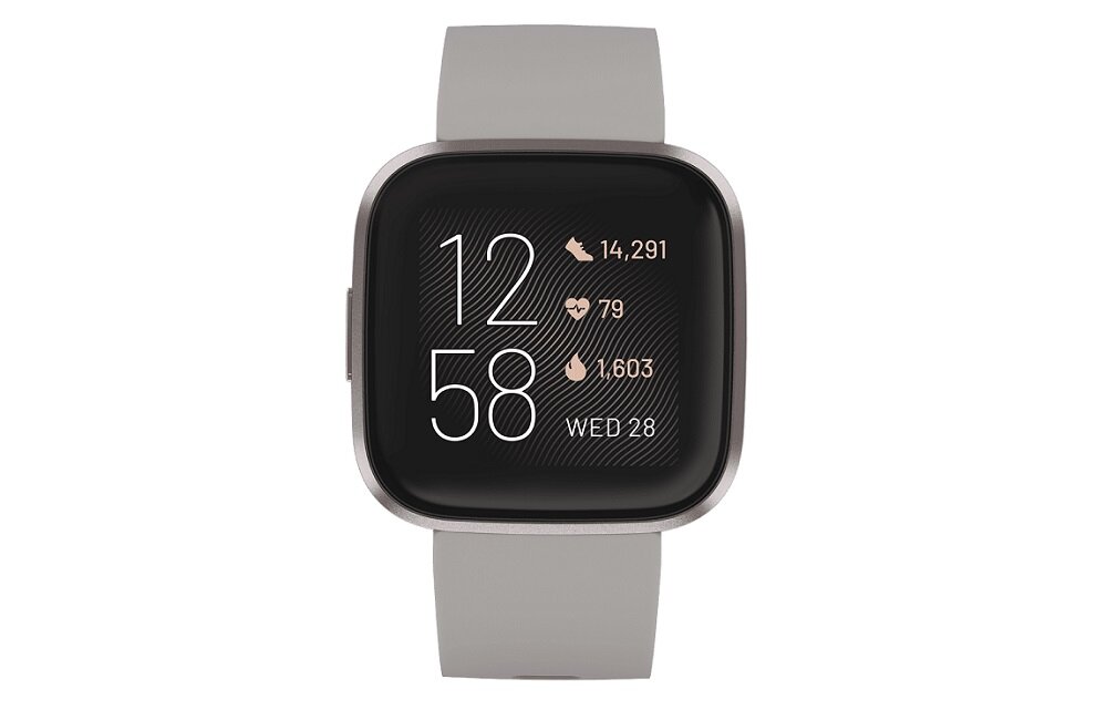 Smartwatch z szarym paskiem i wyświetlaczem pokazującym czas 12:58, liczbę kroków 14,291, tętno 79, spalone kalorie 1,603 oraz datę WED 28.