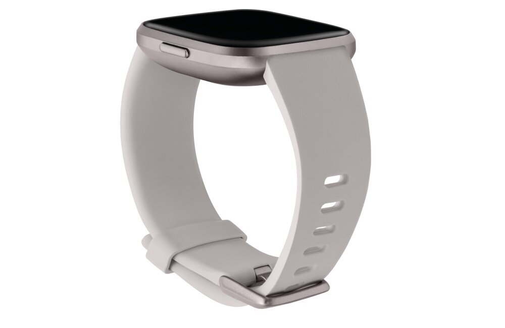 Smartwatch z kwadratową kopertą i szarym paskiem z tworzywa sztucznego, posiada przycisk na boku obudowy.