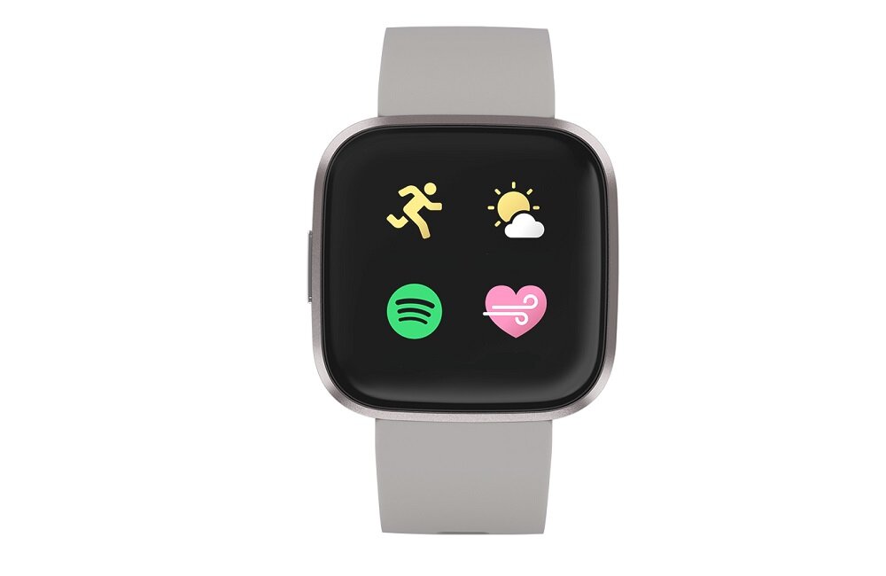 Smartwatch z szarym paskiem i czarnym ekranem, na którym widoczne są kolorowe ikony: bieganie, pogoda, Spotify i serce z linią falistą.