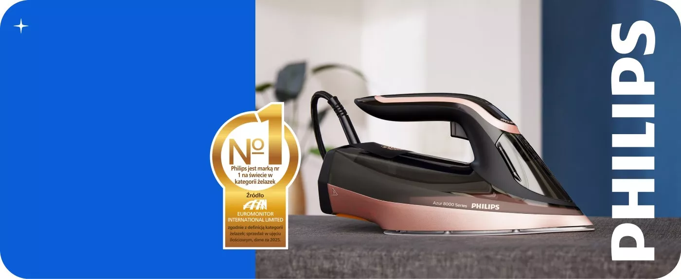 Obraz przedstawia żelazko z serii Azur 8000 marki PHILIPS na tle niebieskiego pola z logo PHILIPS. Obok żelazka znajduje się złoty medalion z napisem: \'Philips jest marką nr 1 na świecie w kategorii żelazek\', oraz informacja o źródle: \'EUROMONITOR INTERNATIONAL LIMITED\'.
