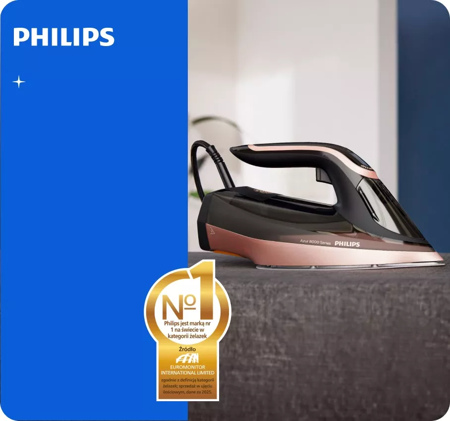 Obraz przedstawia żelazko PHILIPS 8000 Series DST8070/80 na tle wnętrza, z widocznym logo PHILIPS. Na niebieskim tle znajduje się tekst: \'Philips jest marką nr 1 na świecie w kategorii żelazek\' oraz logo Euromonitor International Limited.