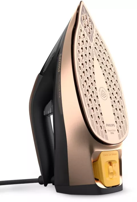 Żelazko w kolorze złotym z czarnymi elementami, widoczne logo PHILIPS oraz napisy \'SteamGlide Elite\' i \'Quick Calc Release\'.