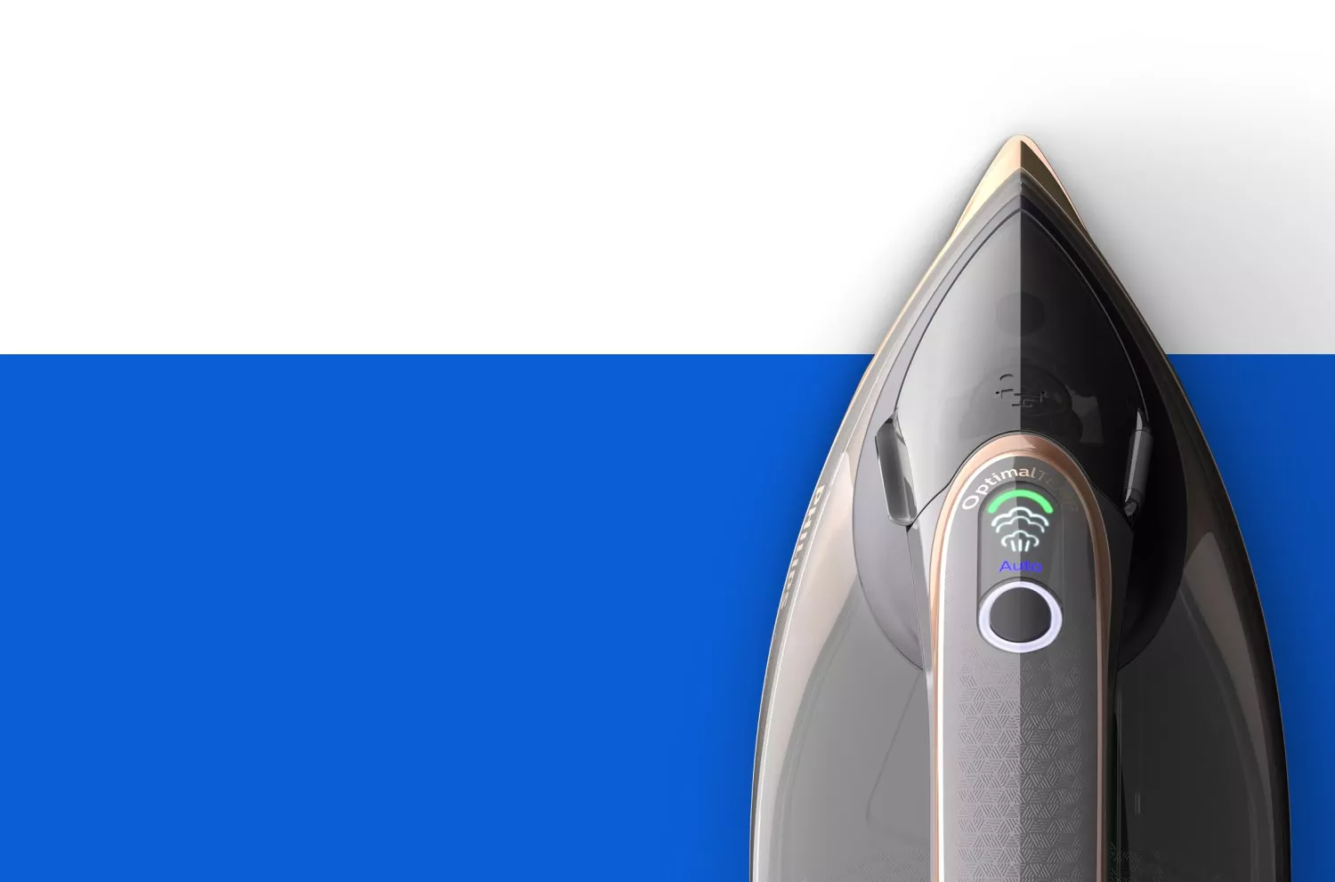Zdjęcie przedstawia czubek żelazka z widocznym napisem \'Optimal\' oraz ikoną sygnału i napisem \'Auto\'. Tło jest podzielone na białą i niebieską część.