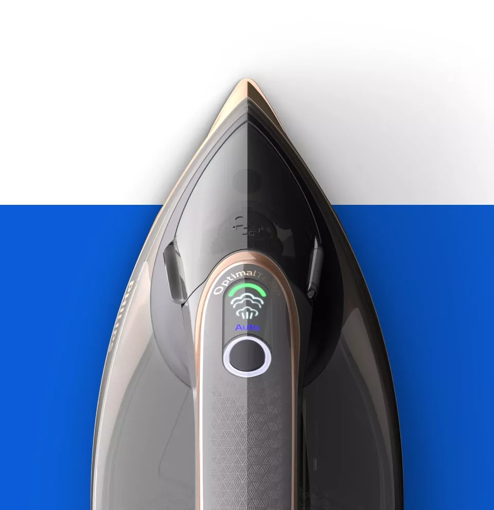 Zdjęcie przedstawia żelazko z widocznym napisem \'Optimal Temp\' oraz \'Auto\' na panelu sterowania. Żelazko ma nowoczesny design i jest umieszczone na tle w kolorze niebieskim i białym.