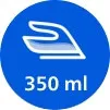 Niebieska ikona z białym symbolem żelazka i napisem \'350 ml\'.