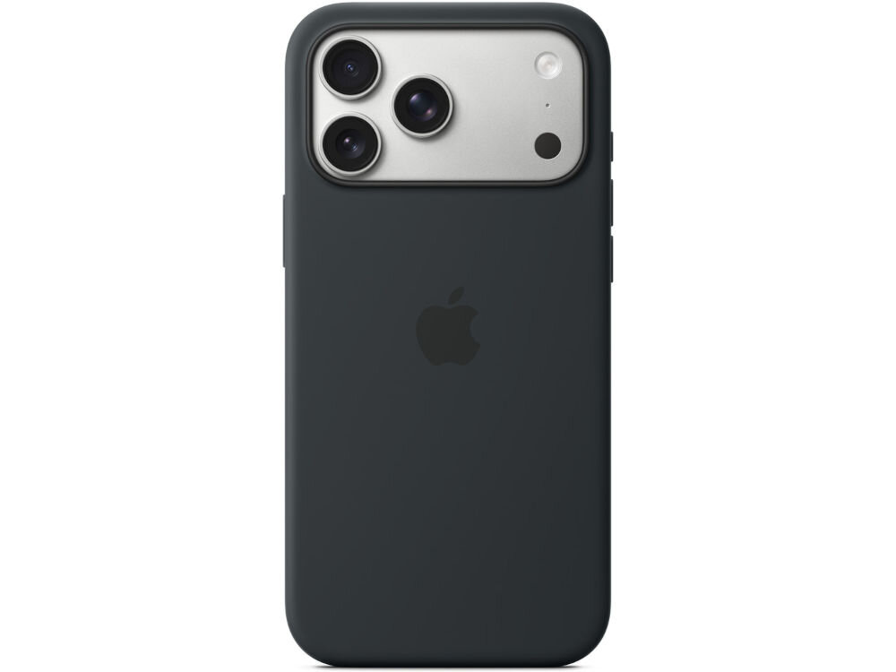 Czarny silikonowy futerał na telefon z trzema widocznymi obiektywami aparatu i logo Apple.