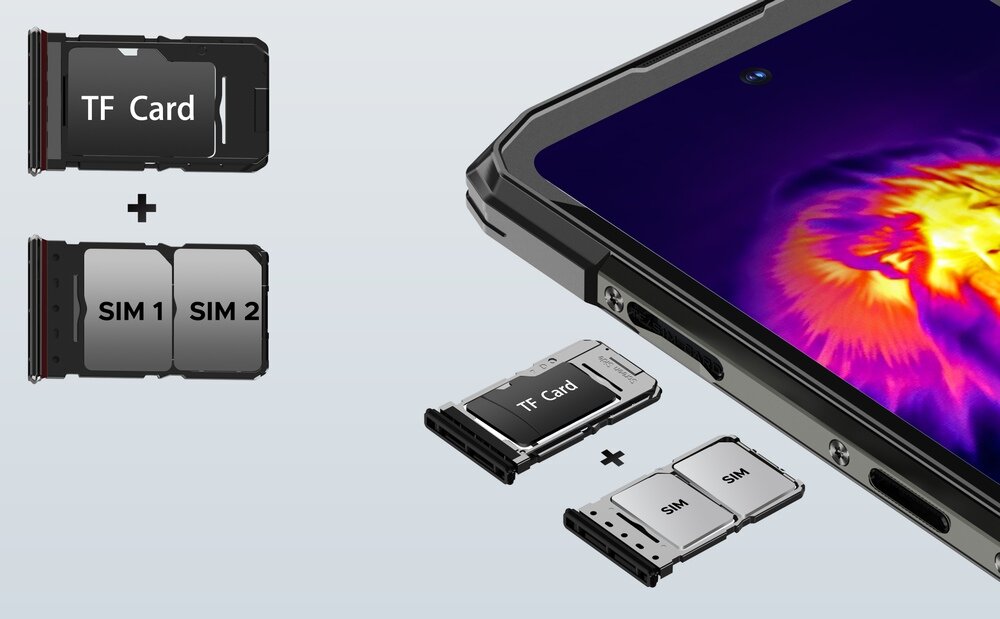 Obraz przedstawia smartfon z widocznym ekranem termowizyjnym oraz dwa zestawy kart: TF Card i SIM 1/SIM 2. Obok znajdują się ilustracje pokazujące sposób umieszczenia kart w urządzeniu.