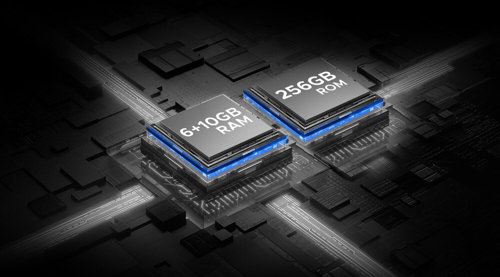 Obraz przedstawia dwa układy scalone z napisami: \'6+10GB RAM\' i \'256GB ROM\'. Układy są umieszczone na ciemnym tle z niebieskimi podświetleniami.
