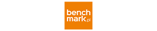 Logo z białym napisem \'benchmark.pl\' na pomarańczowym tle.