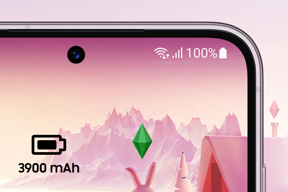 Fragment ekranu smartfona z widocznym wskaźnikiem baterii naładowanym do 100% oraz ikoną sygnału Wi-Fi. Na ekranie widoczny jest również symbol baterii z napisem \'3900 mAh\'.