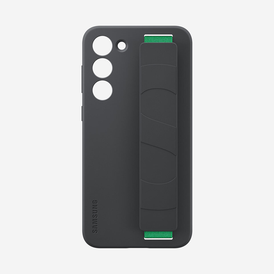 Czarny etui na smartfon z trzema okrągłymi otworami na aparaty i jednym mniejszym na lampę błyskową. Na etui widoczne jest logo \'SAMSUNG\'.