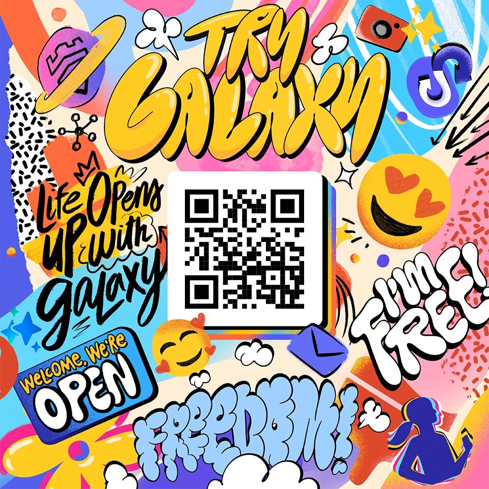 Kolorowa grafika z napisem \'TRY GALAXY\' oraz kodem QR na środku. Dodatkowe teksty to m.in. \'Life Opens Up with Galaxy\', \'I\'m Free!\', \'FREEDOM!\' i \'Welcome, We\'re OPEN\'.
