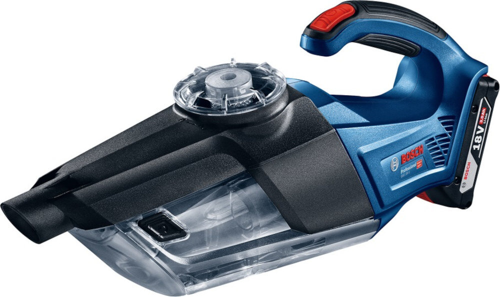 Na zdjęciu znajduje się niebiesko-czarny odkurzacz ręczny z przezroczystym pojemnikiem na kurz. Na obudowie widoczne jest logo \'BOSCH Professional\' oraz oznaczenie \'18V\'.