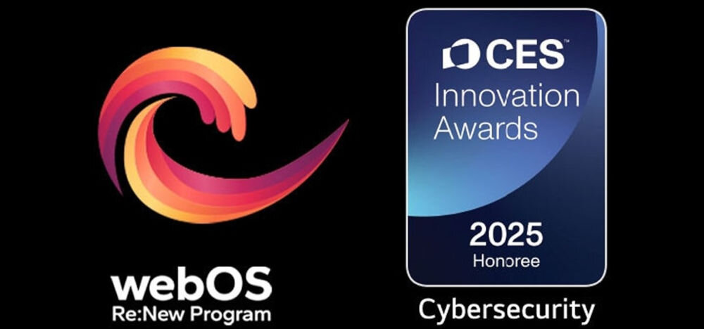 Po lewej stronie widoczne jest logo z napisem \'webOS Re:New Program\'. Po prawej stronie znajduje się odznaczenie \'CES Innovation Awards 2025 Honoree Cybersecurity\'.