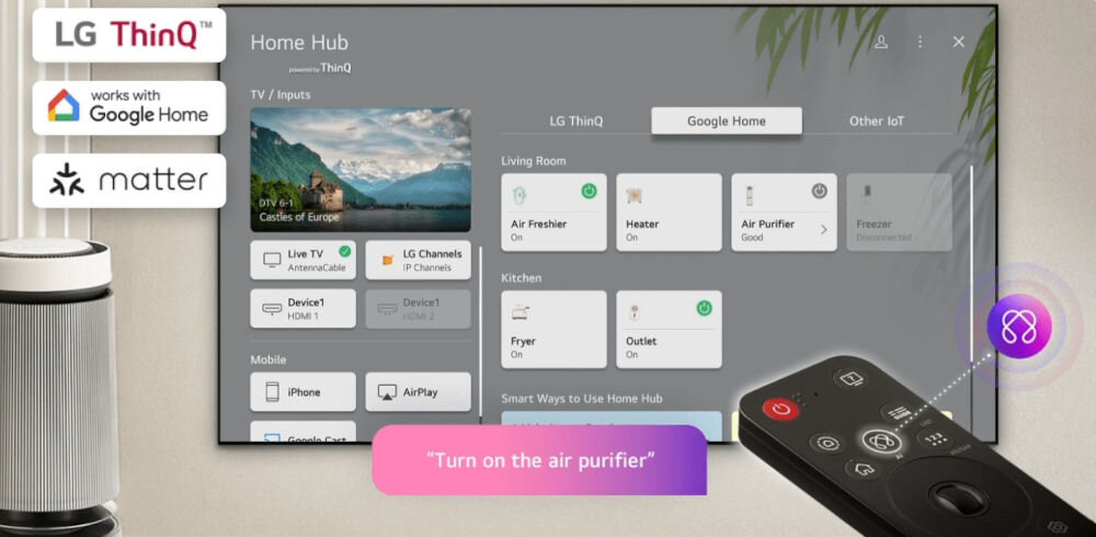 Na obrazie widoczny jest ekran telewizora z interfejsem \'Home Hub\', pokazujący różne urządzenia domowe i ich statusy, takie jak \'Air Purifier\' i \'Heater\'. Obok ekranu znajduje się pilot z przyciskami, a na ekranie widnieje tekst \'Turn on the air purifier\'.