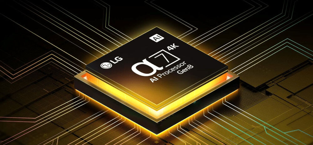 Obraz przedstawia procesor z napisem \'LG α7 AI Processor 4K Gen8\' na tle schematu obwodów elektronicznych.