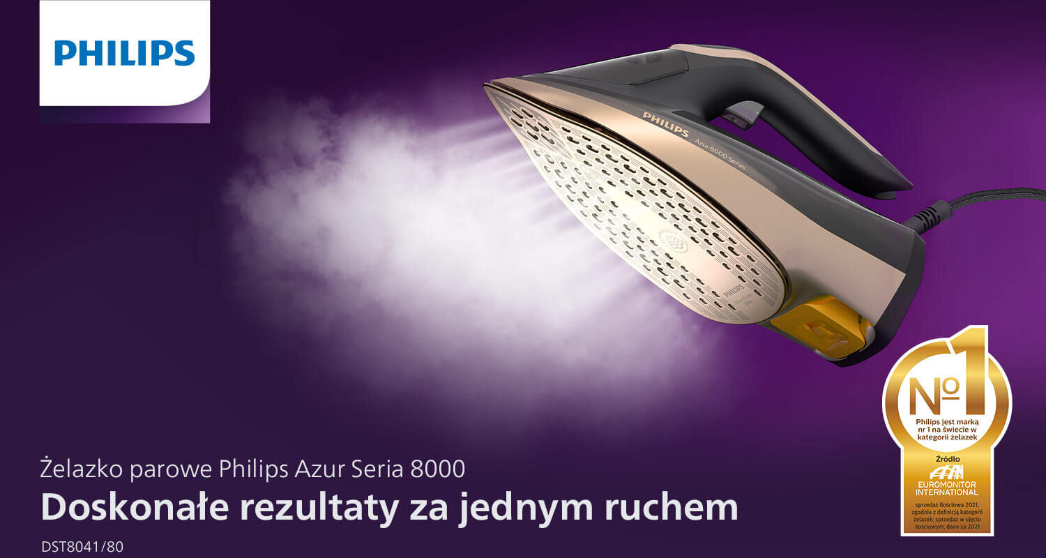 Obraz przedstawia żelazko parowe z widoczną stopą emitującą parę, na fioletowym tle. Widoczny jest tekst: \'Żelazko parowe Philips Azur Seria 8000 Doskonałe rezultaty za jednym ruchem DST8041/80\' oraz logo PHILIPS.