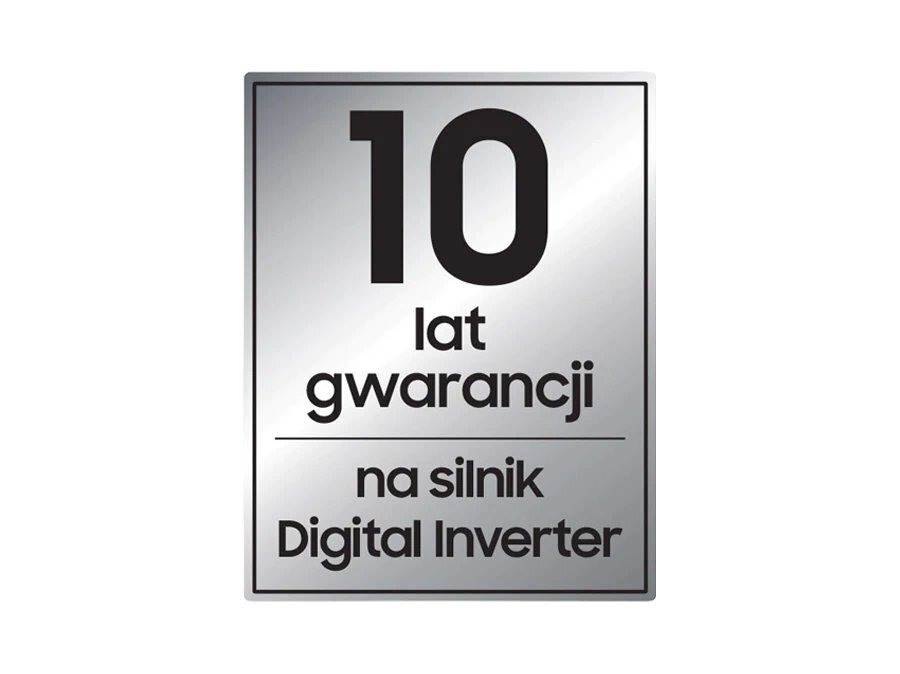 10 lat gwarancji na silnik Obraz przedstawia srebrną tabliczkę z napisem: \'10 lat gwarancji na silnik Digital Inverter\'.
