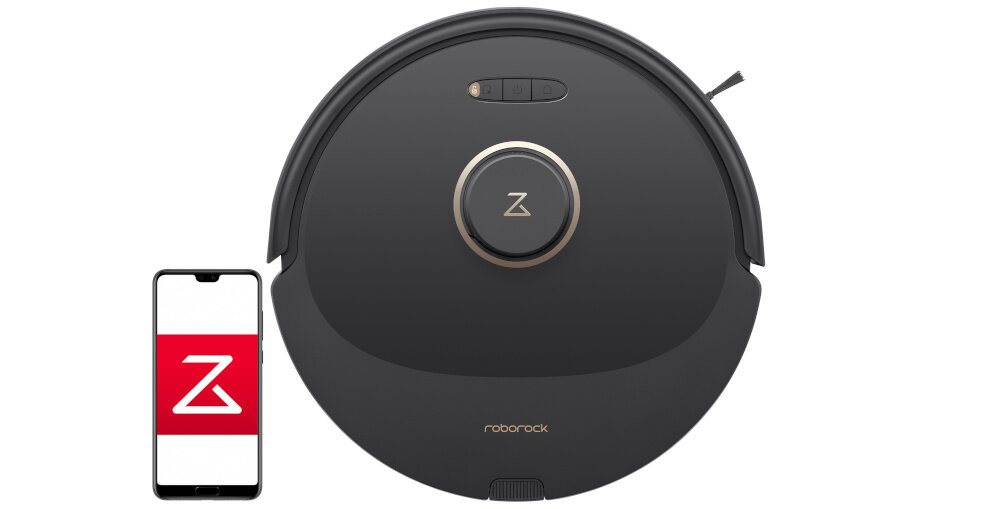 Czarny robot sprzątający z logo \'Z\' na górze oraz smartfon z aplikacją wyświetlającą to samo logo. Na robocie widoczny jest napis \'roborock\'.