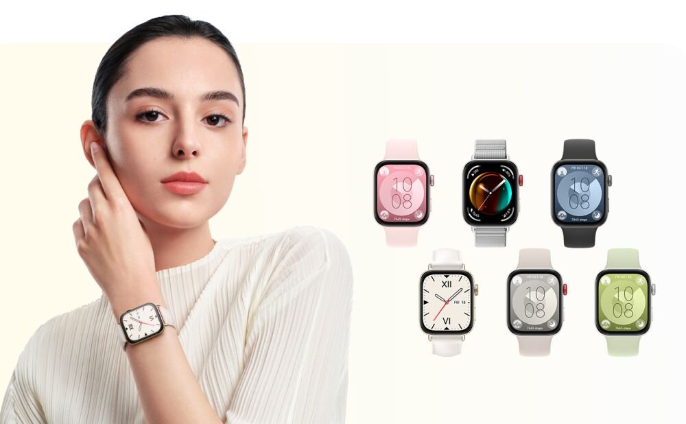 Na obrazie widoczna jest osoba nosząca smartwatch na nadgarstku, a obok niej sześć różnych modeli smartwatchy w różnych kolorach. Każdy zegarek ma prostokątny wyświetlacz z różnymi tarczami.