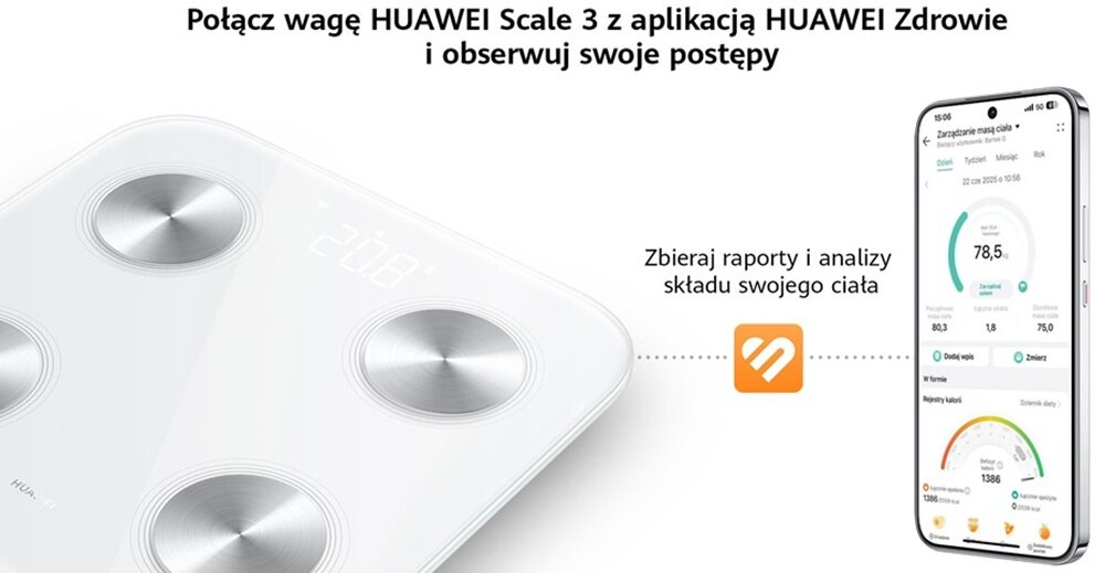 Obraz przedstawia wagę HUAWEI Scale 3 oraz smartfon z aplikacją HUAWEI Zdrowie. Tekst na obrazie: \'Połącz wagę HUAWEI Scale 3 z aplikacją HUAWEI Zdrowie i obserwuj swoje postępy\', \'Zbieraj raporty i analizy składu swojego ciała\'.