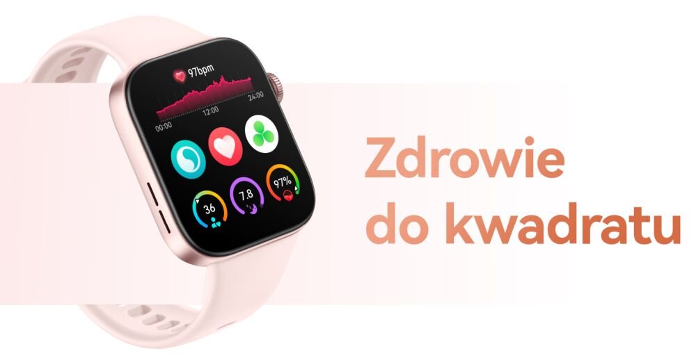 Smartwatch z jasnym paskiem i kolorowym wyświetlaczem pokazującym różne ikony aplikacji zdrowotnych. Obok znajduje się tekst: \'Zdrowie do kwadratu\'.