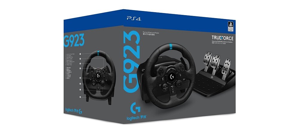 Opakowanie produktu z kierownicą i pedałami do gier, oznaczone jako G923, z logo \'logitech\' i napisem \'TRUEFORCE\'. Widoczny jest także napis \'PS4\' oraz logo PlayStation.
