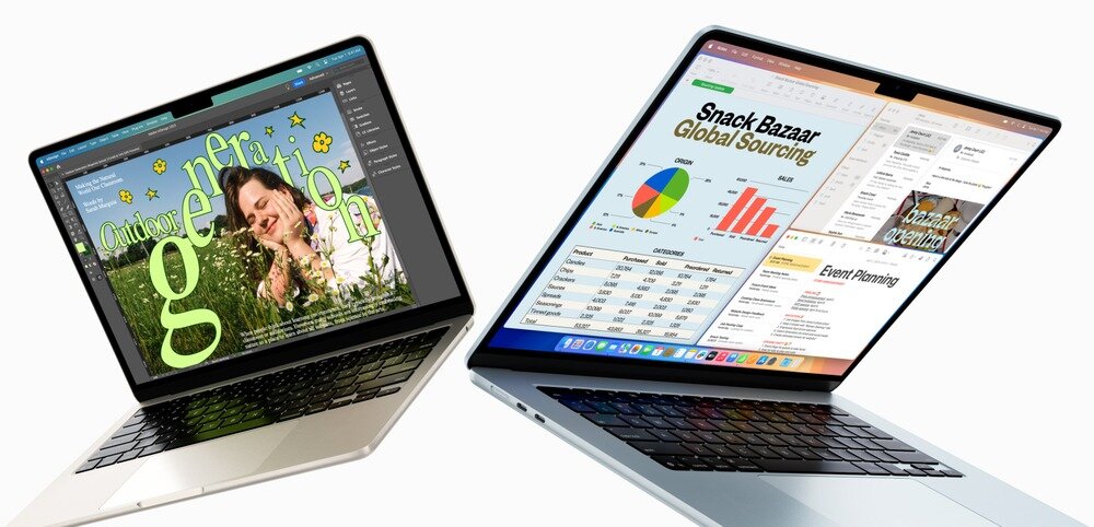 Dwa laptopy z otwartymi ekranami, na jednym widoczny jest kolorowy projekt graficzny z tekstem \'Outdoor generation\', a na drugim arkusz kalkulacyjny z wykresami i tekstem \'Snack Bazaar Global Sourcing\'. Oba urządzenia mają cienkie ramki i klawiatury z dużymi touchpadami.