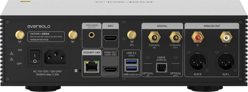 Tył urządzenia z różnymi portami i złączami, w tym HDMI, USB, LAN, oraz wyjściami analogowymi i cyfrowymi. Widoczne logo \'eversolo\' oraz napisy dotyczące specyfikacji zasilania i ostrzeżenia.
