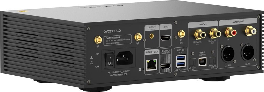 Tył czarnego urządzenia z logo \'eversolo\', posiada różne porty, w tym HDMI, USB, LAN oraz analogowe i cyfrowe wyjścia audio. Widoczne są także przełączniki i gniazdo zasilania z opisem \'AC 110-240V / 220-240V 50/60Hz Max 0.25A\'.