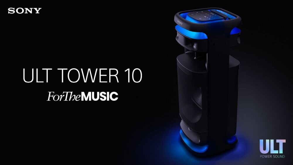 Na ciemnym tle widoczny jest głośnik z niebieskimi podświetleniami oraz tekst: \'SONY ULT TOWER 10 ForTheMUSIC\'. W prawym dolnym rogu znajduje się logo \'ULT POWER SOUND\'.