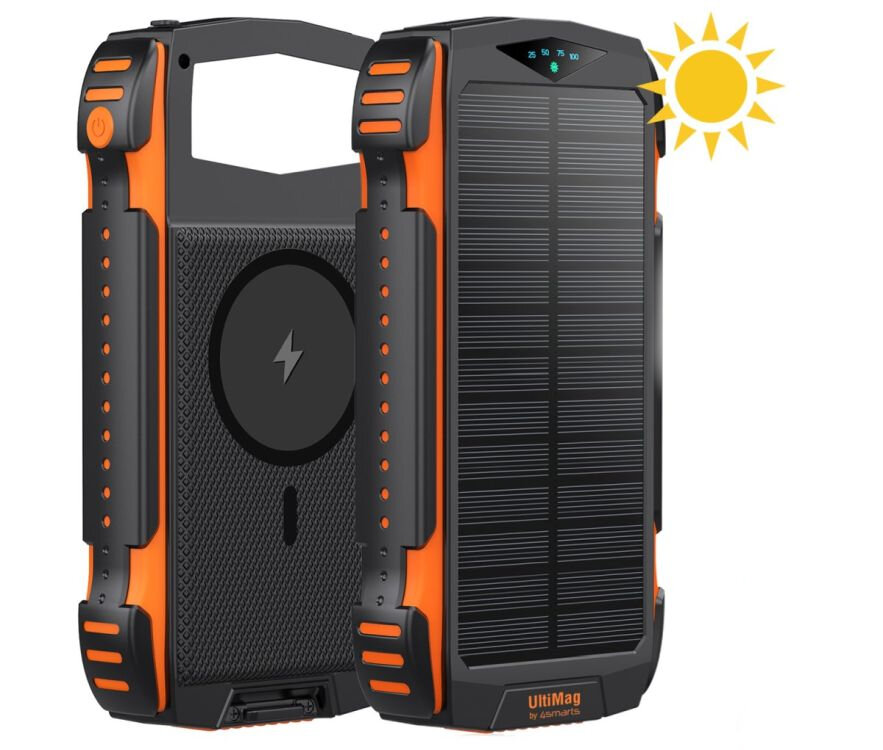 Powerbank w kolorze czarnym z pomarańczowymi akcentami, posiada panel solarny i wskaźnik naładowania. Widoczne logo: \'UltiMag by 4smarts\'.