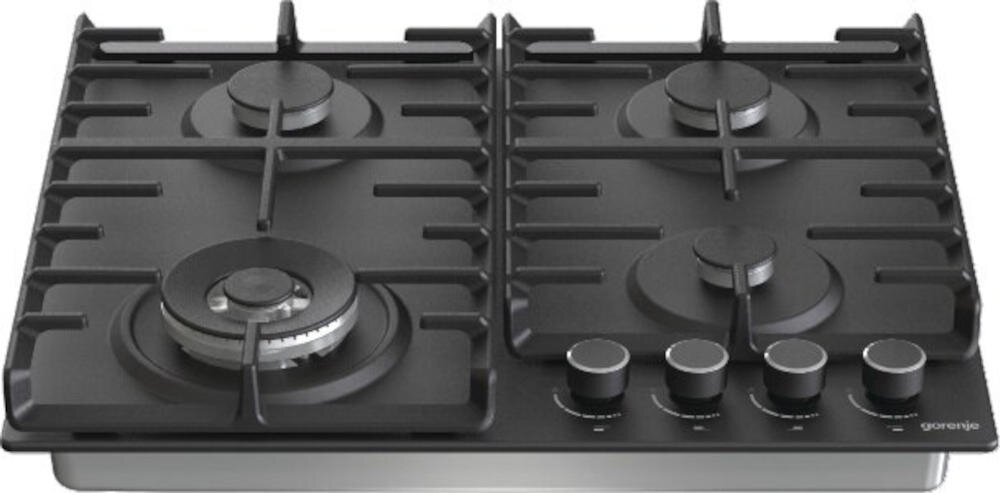 Czarna płyta gazowa z czterema palnikami i pokrętłami do regulacji. Widoczne logo: gorenje.