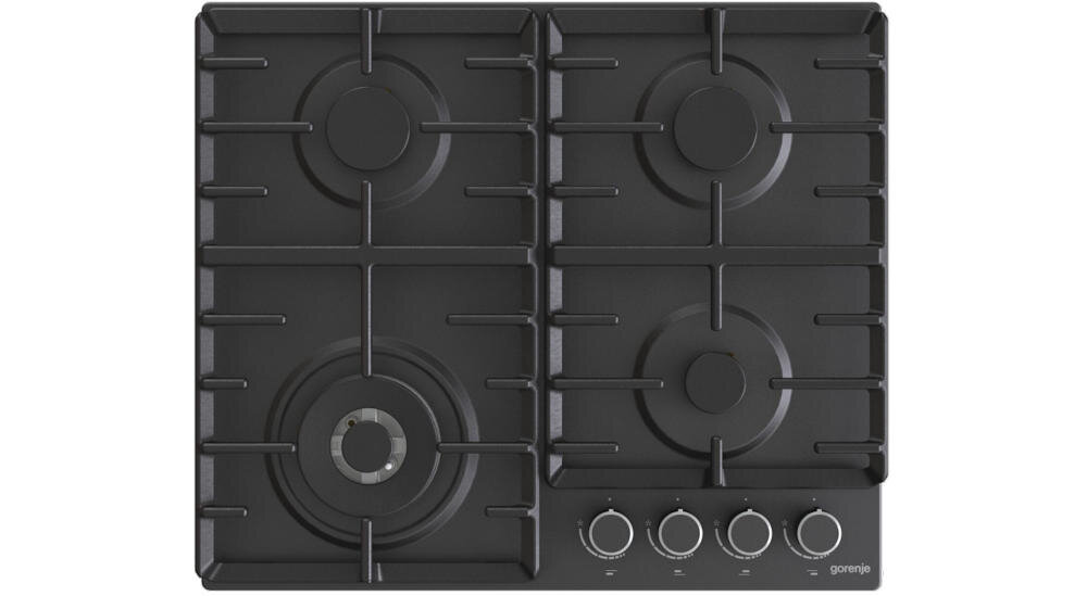 Czarna płyta gazowa z czterema palnikami i pokrętłami do regulacji. Widoczne logo \'gorenje\'.