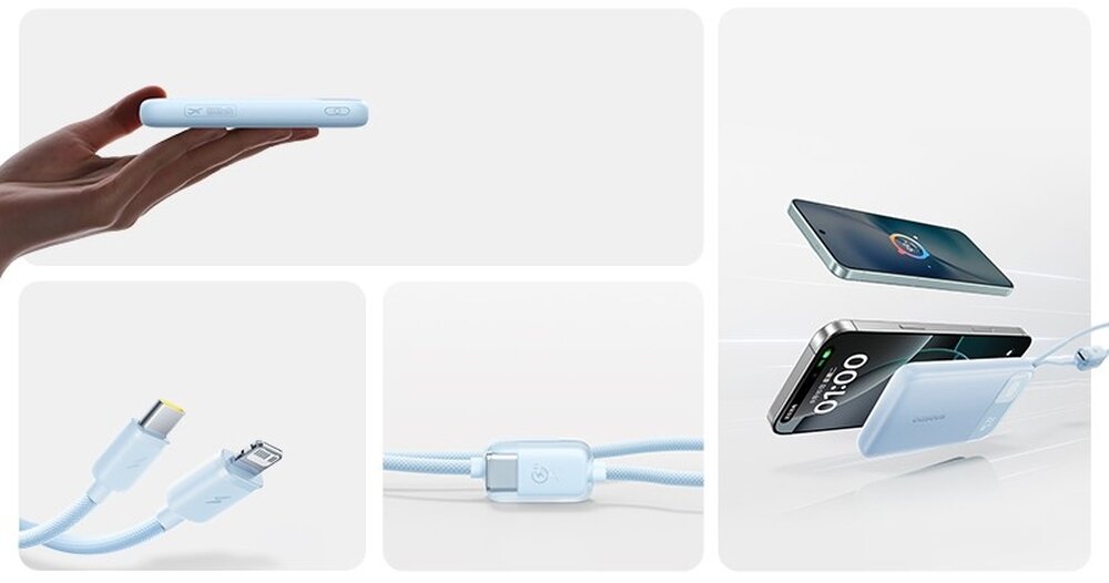 Na obrazie widać rękę trzymającą cienkie urządzenie w kolorze jasnoniebieskim oraz różne ujęcia kabla z końcówkami USB i USB-C. Obok przedstawiono smartfon oraz powerbank w kolorze jasnoniebieskim z napisem \'BASEUS\'.