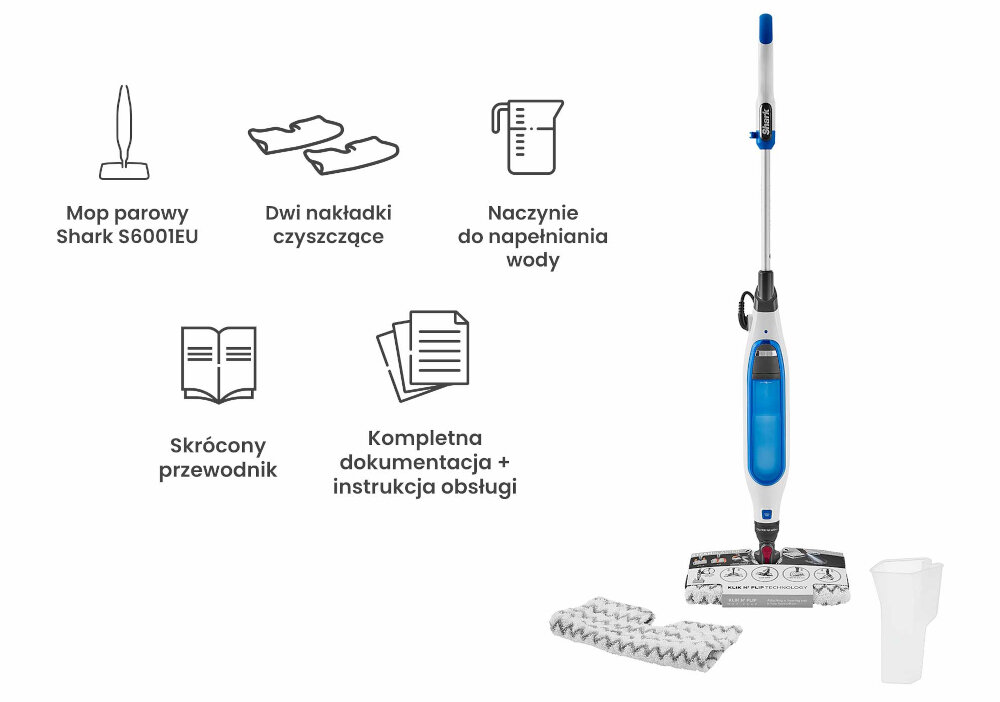 Obraz przedstawia mop parowy Shark S6001EU z niebieskim akcentem na rączce i zbiorniku. Obok mopa znajdują się dwie nakładki czyszczące, naczynie do napełniania wody oraz dokumentacja i instrukcja obsługi.