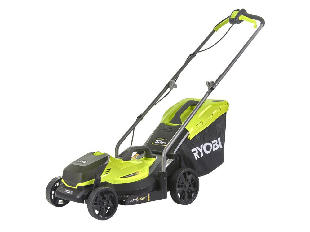Kosiarka akumulatorowa w kolorze zielono-czarnym z widocznym logo \'RYOBI\' na koszu. Na obudowie znajduje się napis \'33cm\' oraz \'EASYEDGE\'.
