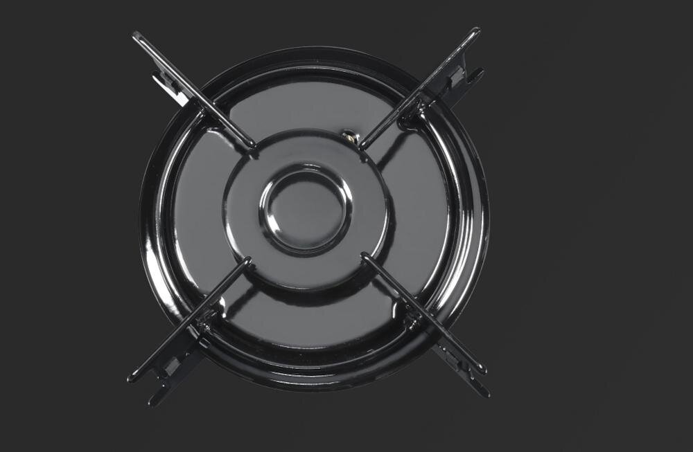 Obraz przedstawia okrągły palnik gazowy z czterema metalowymi wspornikami na czarnym tle.