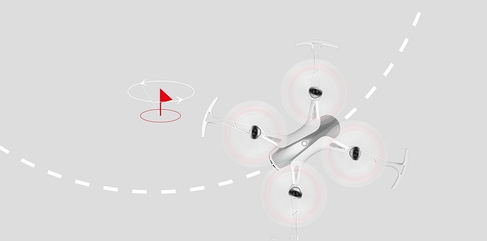 Na szarym tle widoczny jest biały dron z czterema wirnikami, obok którego znajduje się czerwona flaga na okręgu z przerywaną linią.