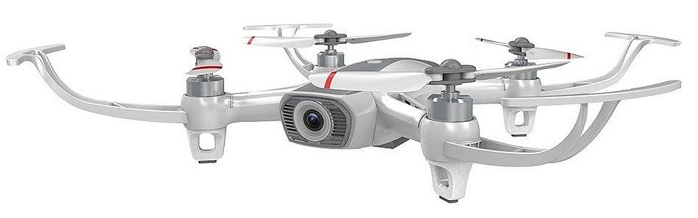 Na obrazie widoczny jest biały dron z czterema śmigłami i kamerą z przodu. Dron ma czerwone akcenty na ramionach śmigieł.